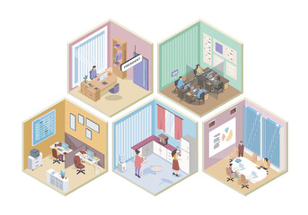 Aufkleber - Call center 3d isometric rooms concept in isometry graphic design for web. People working as operators at workplaces, president in his office, team meeting, employees at kitchen. Vector illustration.