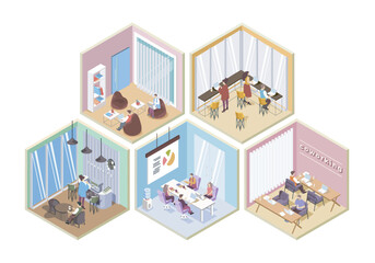 Fototapete - Coworking space 3d isometric rooms concept in isometry graphic design for web. People working in open offices, meeting at conference halls, workflow in departments, coffee break. Vector illustration.