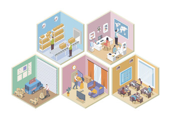 Aufkleber - Delivery company 3d isometric rooms concept in isometry graphic design for web. People working in logistic company, managing courier shipping, loading parcel boxes in warehouse. Vector illustration.