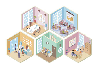 Poster - HR agency 3d isometric rooms concept in isometry graphic design for web. People registreting at reception, waiting in hall, managers works at office, interviewing recruiters. Vector illustration.