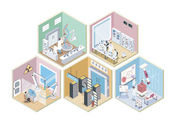 Leinwandbilder - Laboratory 3d isometric rooms concept in isometry graphic design for web. People doing research in genetics, pharmaceutical and physics departments, using data center servers. Vector illustration.