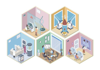 Aufkleber - Science center 3d isometric rooms concept in isometry graphic design for web. People work in different laboratory, making researches, scientists staff meeting at conference hall. Vector illustration.