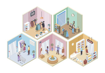 Poster - Shopping mall 3d isometric rooms concept in isometry graphic design for web. People buying clothes in stores or food in grocery, getting cash in atm, walking at sales areas. Vector illustration.