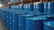 © Vadym - Rows of blue steel drums stand in warehouse. Metal barrels store fuel, petroleum products, chemicals. Industrial containers in storage facility. Transport, logistics, distribution of dangerous goods,