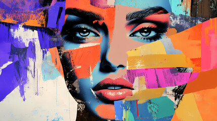 Wall Mural - A collage of a female face in abstract pop art style merges vivid hues and striking shapes into a captivating composition. Vibrant Street Graffiti Wall. Illustration