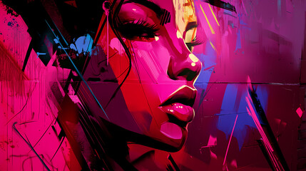 Wall Mural - A collage of a female face in abstract pop art style merges vivid hues and striking shapes into a captivating composition. Vibrant Street Graffiti Wall. Illustration