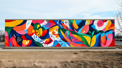 Wall Mural - A vibrant and colorful mural painted on an outdoor brick wall with graffiti designs, outdoor, street art, mural. Vibrant Street Graffiti Wall. Illustration