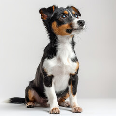 Wall Mural - A black, brown, and white dog with a prominent white chest and lower face on a white surface, showing an alert and curious expression - AI-Generated