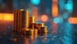 © Vadym - Piles of golden coins on abstract blurred background. Budget, investment, savings planning. Concept for cost optimization, efficiency, infrastructure, automation. Economic performance, value,