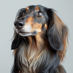 Wall Mural - Close-up portrait of a Dachshund dog with long fur, dark brown and lighter tan coat, attentive expression, light-colored background - AI-Generated