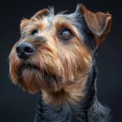 Wall Mural - A contemplative or attentive Cavalier King Charles Spaniel with long, wavy brown and white fur is the focus of a dark-background portrait photograph - AI-Generated