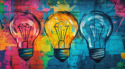 Wall Mural - Colorful abstract graffiti art featuring vibrant light bulb motifs on a wall with ample copy space for text and creative designs. Vibrant Street Graffiti Wall. Illustration