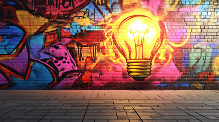 Wall Mural - Colorful abstract graffiti art featuring vibrant light bulb motifs on a wall with ample copy space for text and creative designs. Vibrant Street Graffiti Wall. Illustration