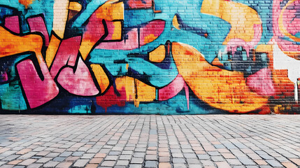 Wall Mural - Colorful abstract graffiti art on a brick wall, empty floor. Vibrant Street Graffiti Wall. Illustration