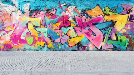 Wall Mural - Colorful graffiti art on a city wall with vibrant street art and urban landscape background. Vibrant Street Graffiti Wall. Illustration