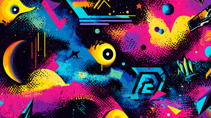 Wall Mural - Dynamic graffiti wall with bold patterns, splashes of neon colors, and abstract street art elements, perfect for a vibrant pop art-inspired background. Vibrant Street Graffiti Wall. Illustration