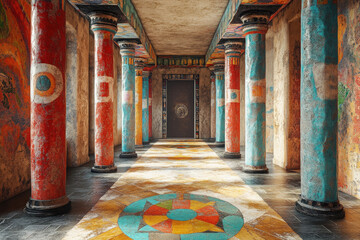 Canvas Print - An illustration showcasing the ancient ruins of Cacaxtla with its vibrant murals