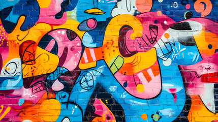 Wall Mural - Vibrant street art mural with graffiti in an urban setting showcasing colorful designs. Vibrant Street Graffiti Wall. Illustration