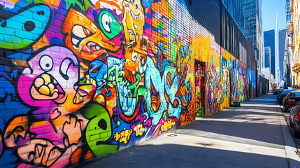 Wall Mural - Vibrant street art mural with graffiti in an urban setting showcasing colorful designs. Vibrant Street Graffiti Wall. Illustration