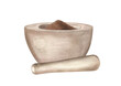 © Masha_tolk_art - Pile of crushed brown spices in stone mortar and granite pestle lying nearby watercolor illustration isolated background. Aromatic seasoning for cooking, drink prepare, homeopathic recipes.