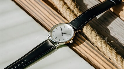 Wall Mural - Silver Wristwatch with Black Leather Strap on Wooden Background