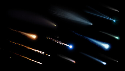 Wall Mural - collection of meteorites, asteroids, comets, meteors, comet tail isolated on a black background. ele
