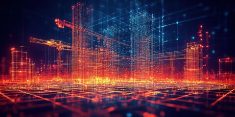 Modern urban skyline under construction with glowing digital lines and grids representing technology and development