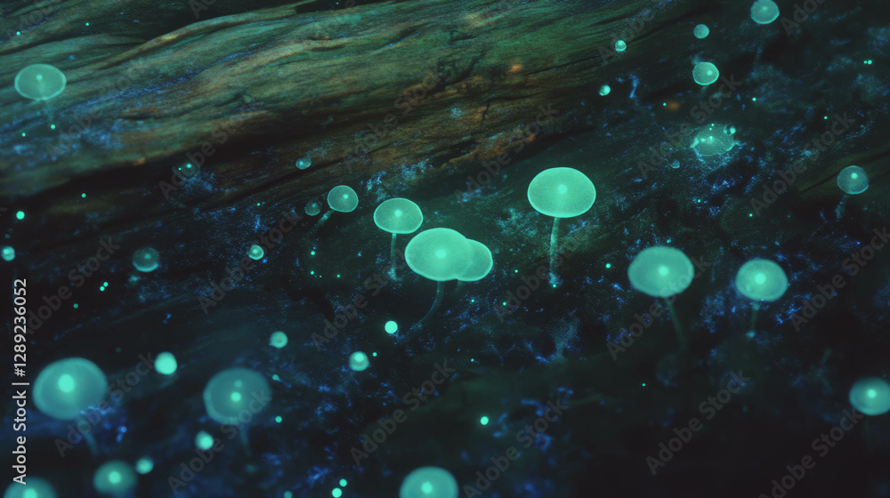 Enchanting glow of bioluminescent fungi on wood texture for nature art ...