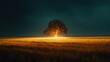© hugy - Powerful lightning bolt splitting the sky over a lone tree in a golden wheat field, beneath swirling storm clouds, capturing nature's raw power.