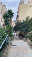 Wall Mural - Narrow urban alleyway with lush greenery and distant city view, travel, cultural exploration