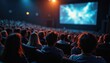 © Vadym - People watching film in dark cinema theater. Audience enjoy movie on big screen. Friends sit in comfortable chairs, eat snacks in hall. Back view of crowd in auditorium.