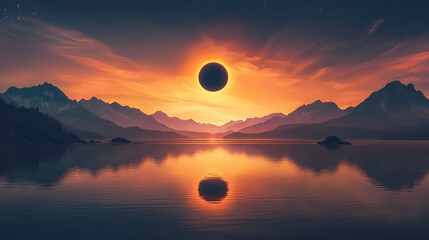 Wall Mural - Breathtaking landscape during solar eclipse over a tranquil lake with mountain silhouettes at twilight. Solar Eclipse Over Mountains. Illustration