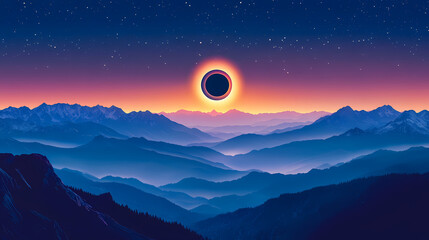 Wall Mural - Dramatic solar eclipse over mountain range corona glowing around moons silhouette landscape bathed in ethereal twilight stars becoming visible. Solar Eclipse Over Mountains. Illustration
