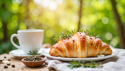 Wall Mural - Delicious croissant and tea in serene garden, comforting breakfast