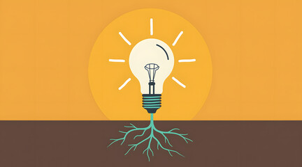 Wall Mural - a light bulb with roots in a brown soil against a bright yellow background symbolizes creativity and