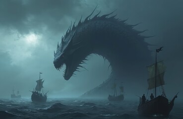 gigantic jormungandr serpent emerges from ocean depths near ships. enormous mythical monster threate