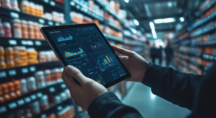 Close-up of hands using an iPad to analyze data insights while shopping in a store aisle filled with products