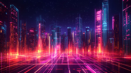 Wall Mural - Abstract techno city, glowing neon circuits outlining buildings and energy beams, creating a vivid future metropolis against a dark sky. Metropolis of Light Beams. Illustration