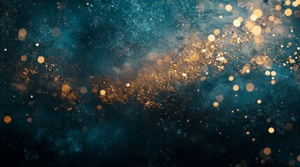 Wall Mural - Golden Glittering Bokeh Over Abstract Dark Blue and Teal Background