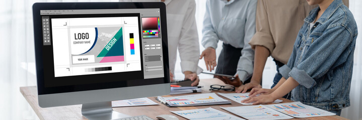 Poster - Graphic designer software for modern design of web page and commercial brisk ads showing on the computer screen