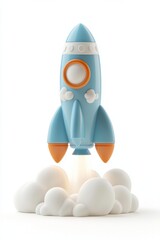 Wall Mural - blue toy rocket launching with clouds and fire below