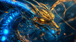 © Thiago - A mechanical dragon glows blue and gold. Cybernetic Mythological Dragon. Illustration
