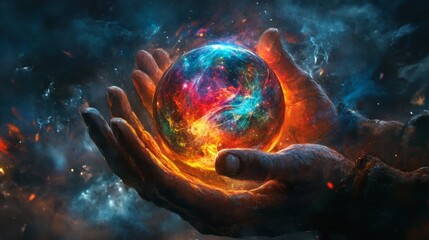 Wall Mural - Radiant hands holding a glowing crystal ball, with swirling stars and cosmic patterns inside