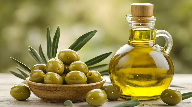 Green olives and olive oil in rustic setting with fresh tree leaves