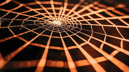 Illuminated spiderweb at night, intricate design, bokeh background, nature photography, website banner