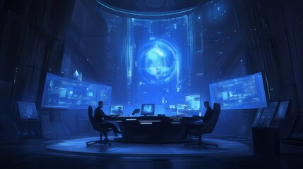 Programmers working in futuristic office controlling global data flow