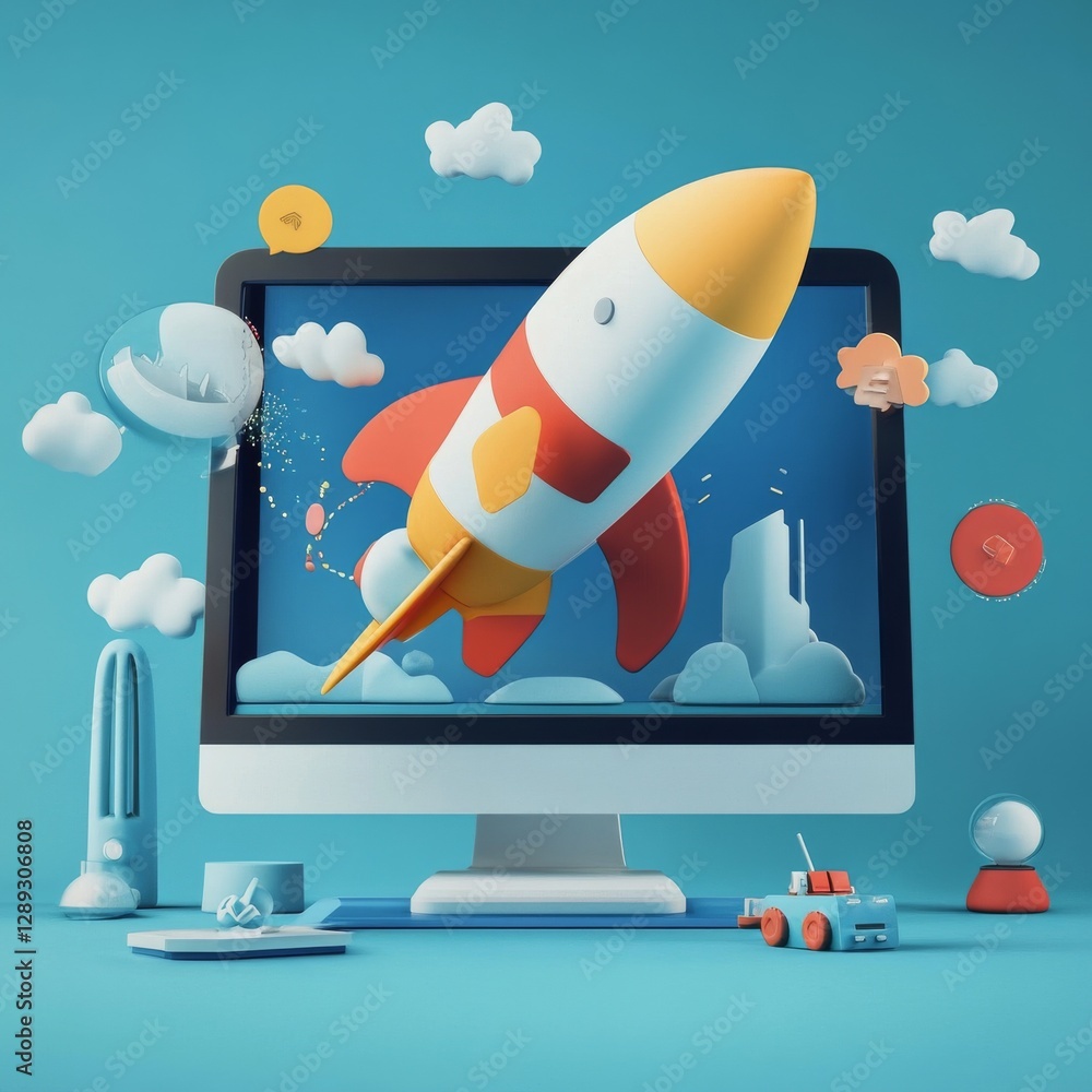 Colorful Computer Setup with Rocket Launching from Monitor, Surrounded ...