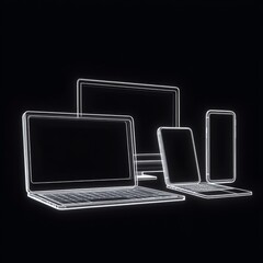 Leinwandbilder - Glowing Outlines of Technology: A Striking Composition of Laptop, Tablet, Monitor, and Smartphone on a Black Background