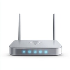 Poster - Realistic design of a modern Wi-Fi router with a sleek, metallic finish. The device has a compact, minimalist appearance with subtle indicator lights on the front and small antennas.