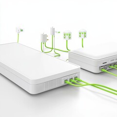Poster - Smart Home Connectivity: White Routers and Plug Adapters with Green Cables for Clean, Modern Networking